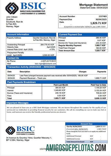 realista Modelo Word e PDF de extrato de hipoteca do Banco BSIC do Níger
